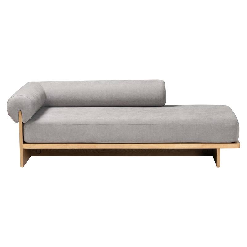 Bertille Left-Arm Chaise Lounge with Solid Wood Base - Minimalist Sofa Daybed with Grey Fabric Cushion and Bolster Pillow