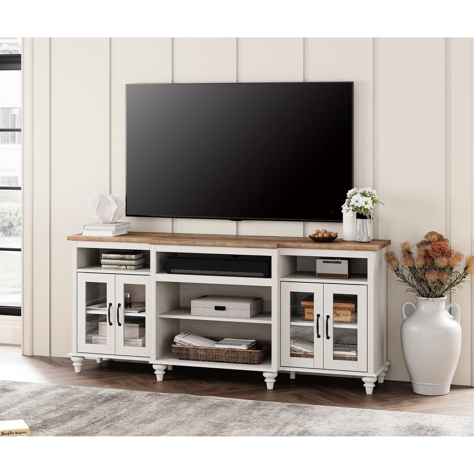 Farmhouse TV Stand, Off White TV Console Table with Storage Cabinets