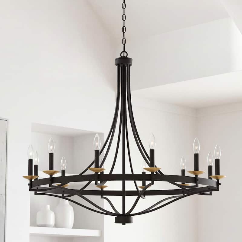 Acroma 12-light Modern Farmhouse Empire Wagon Wheel Chandelier with UL - Muted Brass & Matte Black