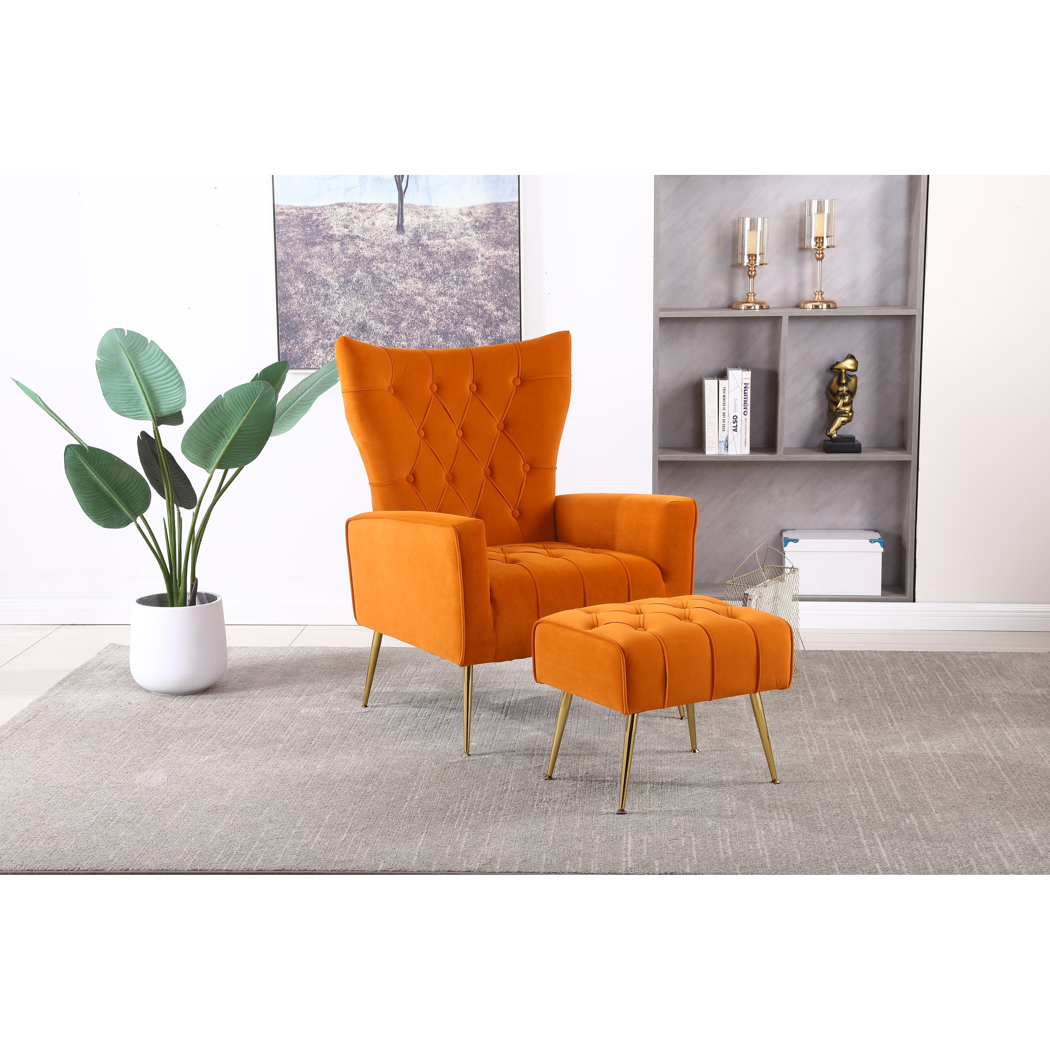 Livingroom Accent Chair with Ottoman Upholstered Tufted Velvet