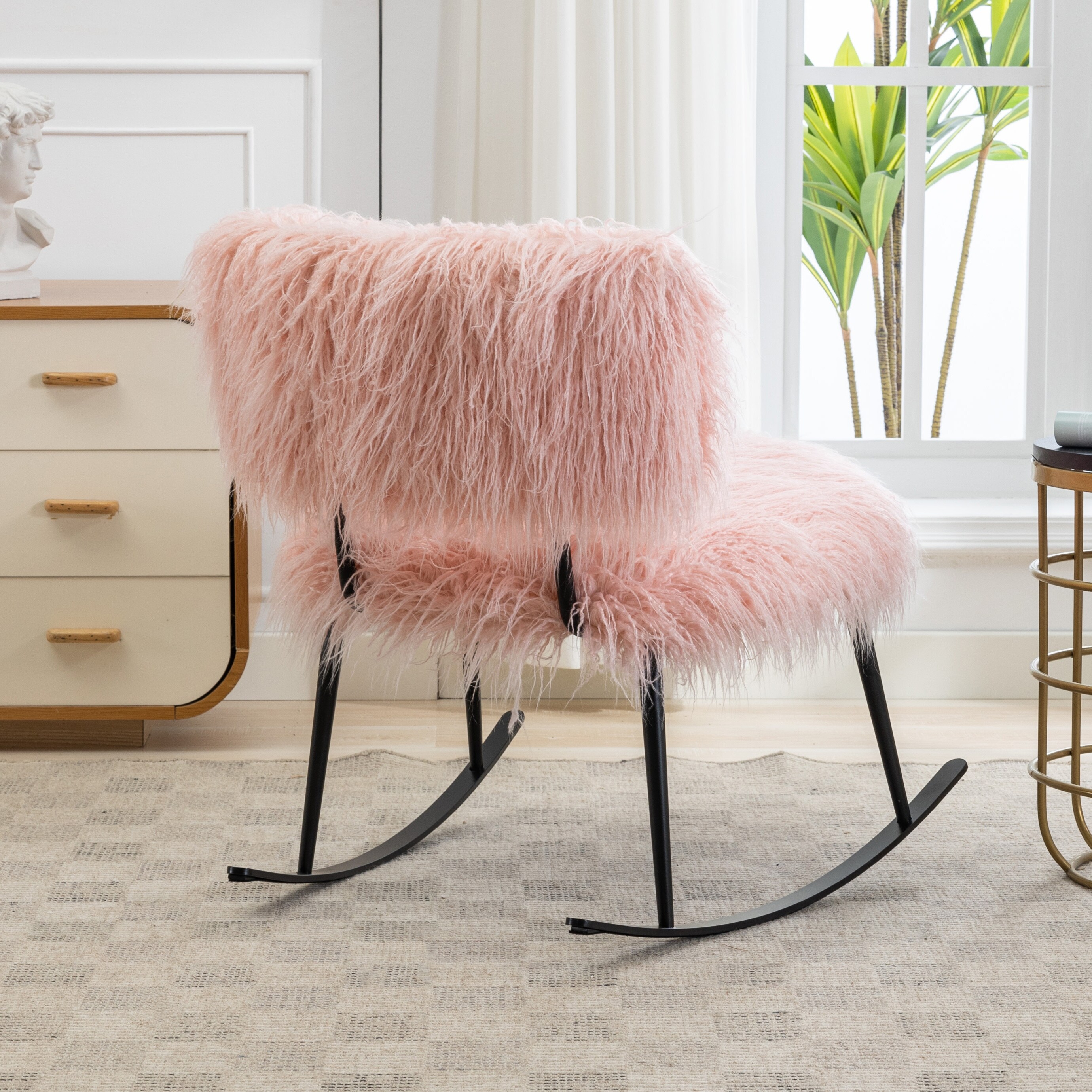 Faux Plush Rocking Chair With Metal Rocker Upholstered Glider