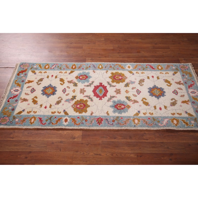 Ivory & Blue Floral Oushak Oriental Foyer Rug Hand-Knotted Wool Carpet - 2'6"x 5'9"