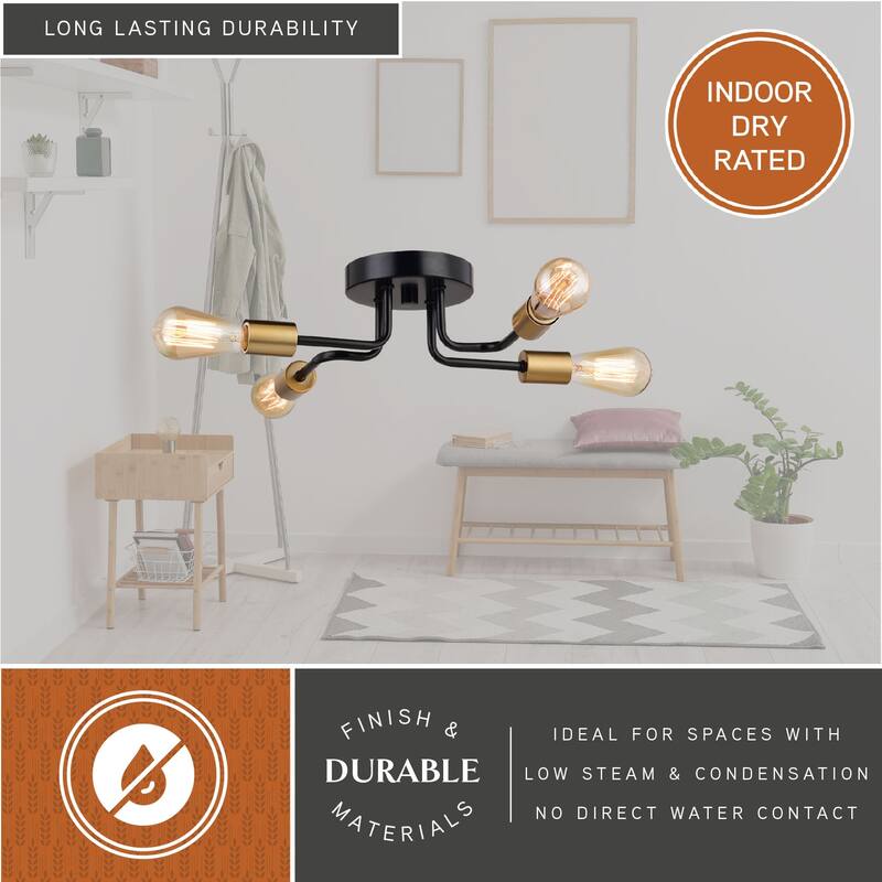 Rhine 15.75-in W LED Compatible Matte Black and Gold Brass Industrial Semi Flush Mount Ceiling Light Exposed Bulbs
