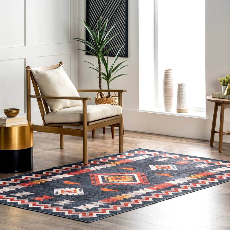 Nuloom Jayde SpinClean Machine Washable Southwestern Diamond Area Rug - 5' x 8' - Navy - Rectangle