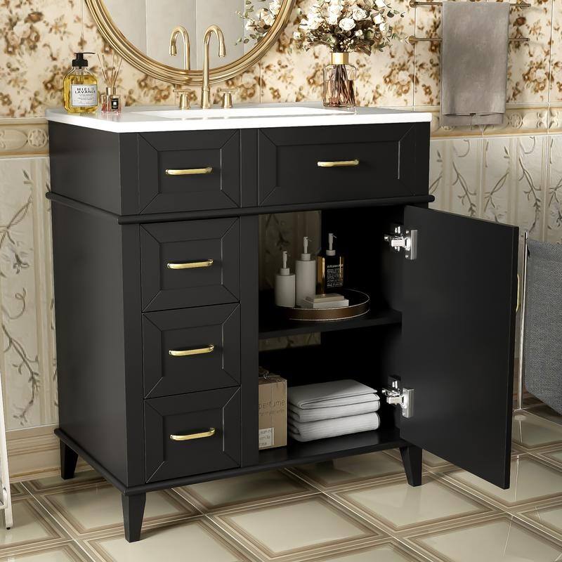 Modern Freestanding Bathroom Vanity with 30-Inch Ceramic Sink, Soft Close Storage Cabinet with 3 Drawers & Adjustable Shelf