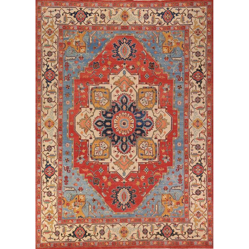 Vegetable Dye Heriz Serapi Area Rug Handmade Orange Wool Carpet - 9'2" x 11'10"