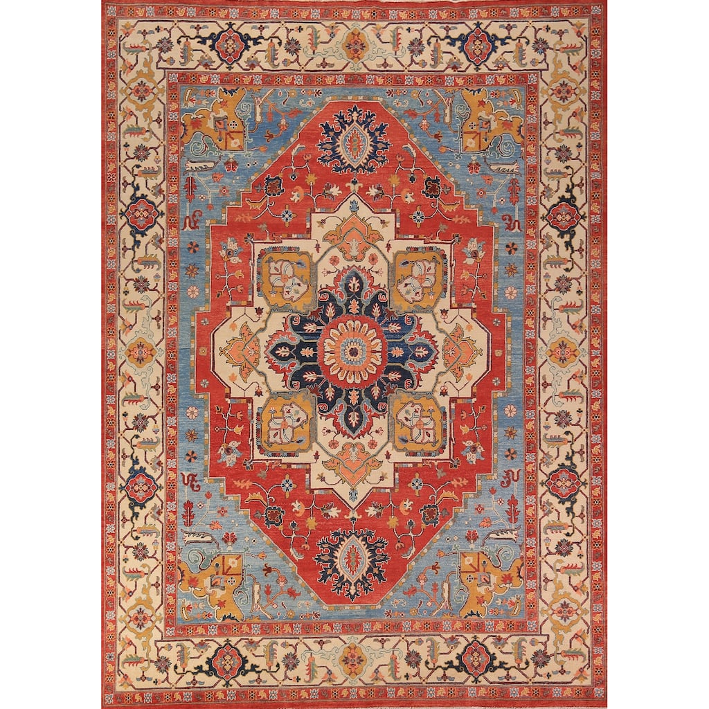 Vegetable Dye Heriz Serapi Area Rug Handmade Orange Wool Carpet - 9'2" x 11'10"
