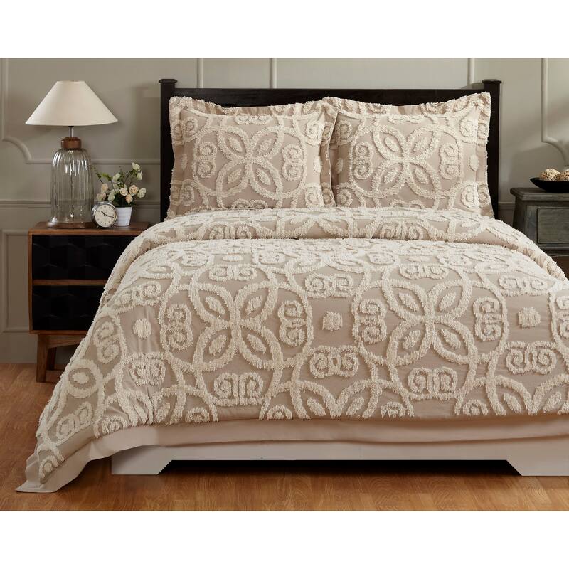 Better Trends Eden Comforter Set 100% Cotton Tufted Soft Plush Chenille Machine Washable Tumble Dry - Linen & Ivory - King