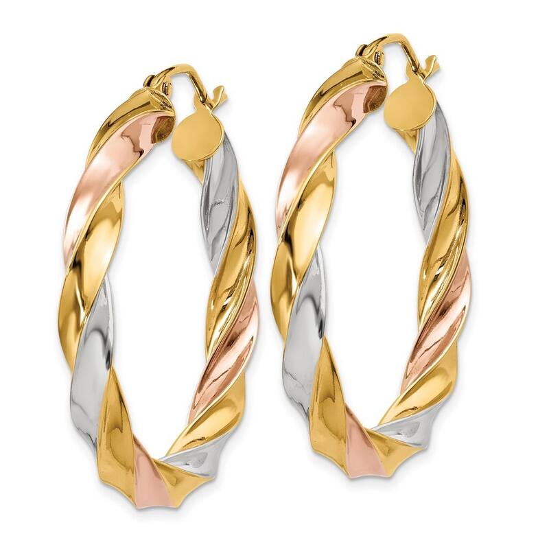 Curata 14k Tri Color Fully Polished Twisted 33x4mm Hoop Earrings