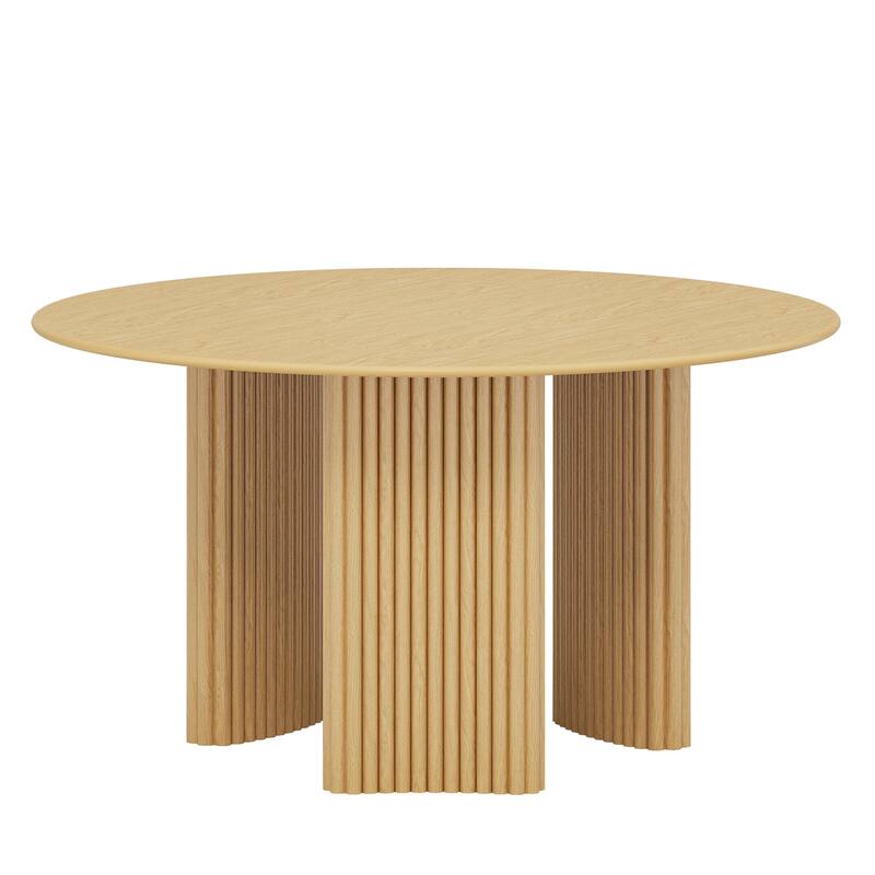Modern Round Dining Table with Striped Column Legs Solid Wood Kitchen Table Anti-Scratch Footpads