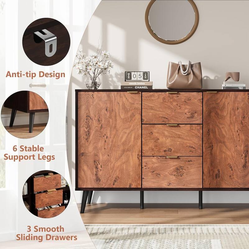 Sideboard Buffet Cabinet with 3 Drawers, Wooden Storage Cabinet with Burl Texture, Coffee Bar for Dining Room