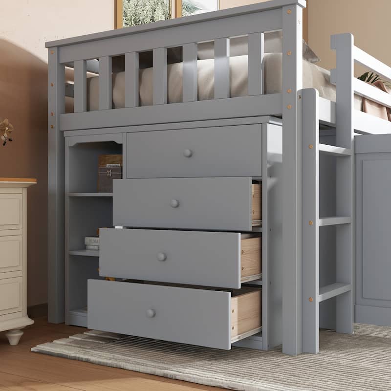 Twin Low Loft Bed Frame Storage Bed with All-in-one Cabinet Shelf Bookcase, Drawers, Guardrail, Ladder Retractable Writing Desk
