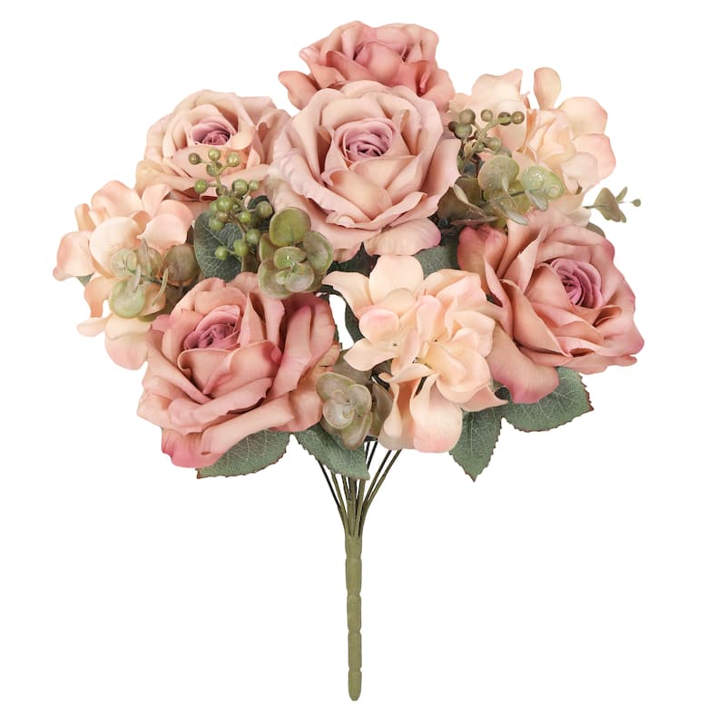 Set of 2 Rose Cafe Artificial Mixed Rose Hydrangea Flower Stem Bush Bouquet 19in - 19" L x 12" W x 12" DP - 19" L x 12" W x 12" DP - Rose Cafe