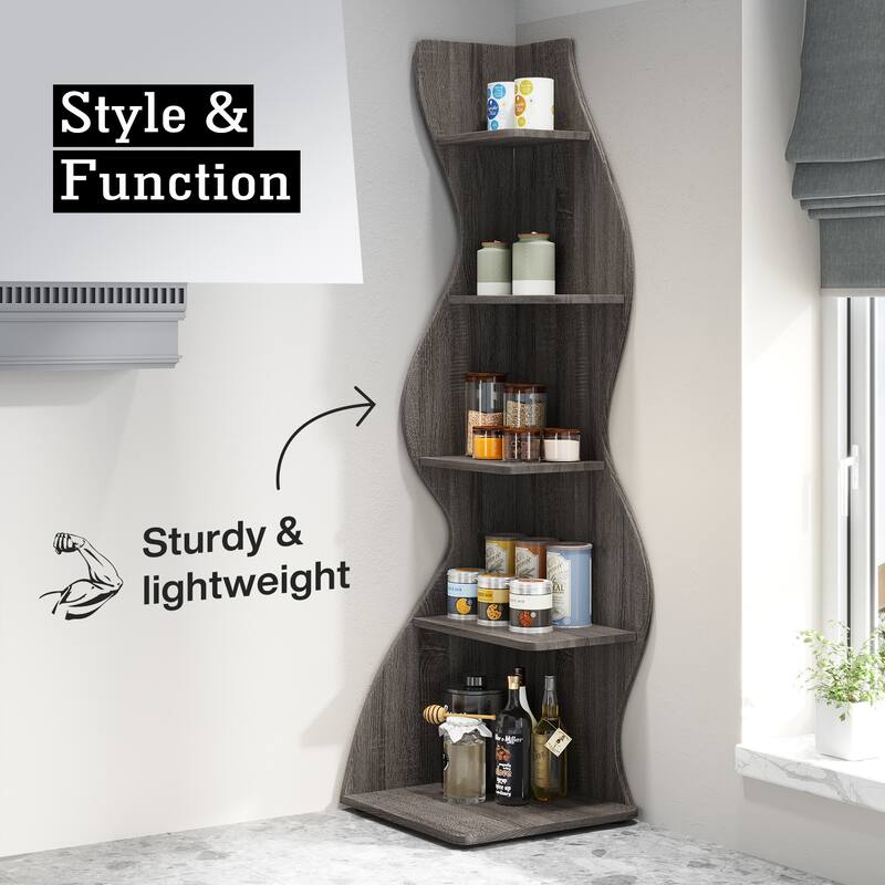 Modern Wood Corner Shelf, 5-Tier Bookshelf Bookcase for Living Room