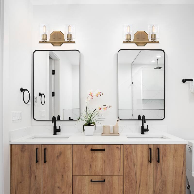 Haven 16 in. 2-Light Old Satin Brass Vanity Light with Clear Rippled Glass Shades for Bathrooms