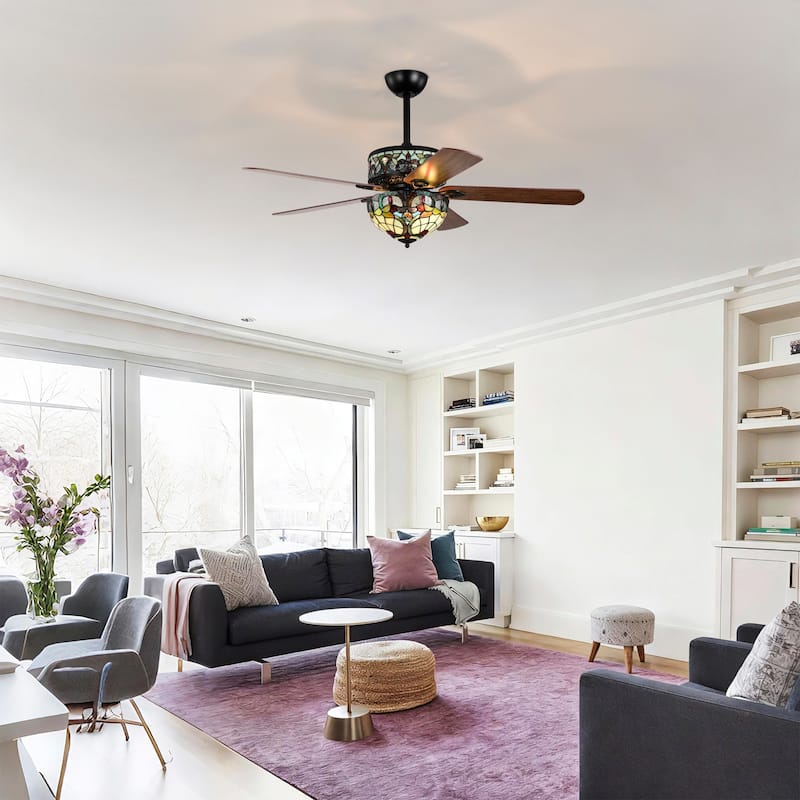 Inio 5-Blade Lighted Ceiling Fan 2-Tier Tiffany Style Glass