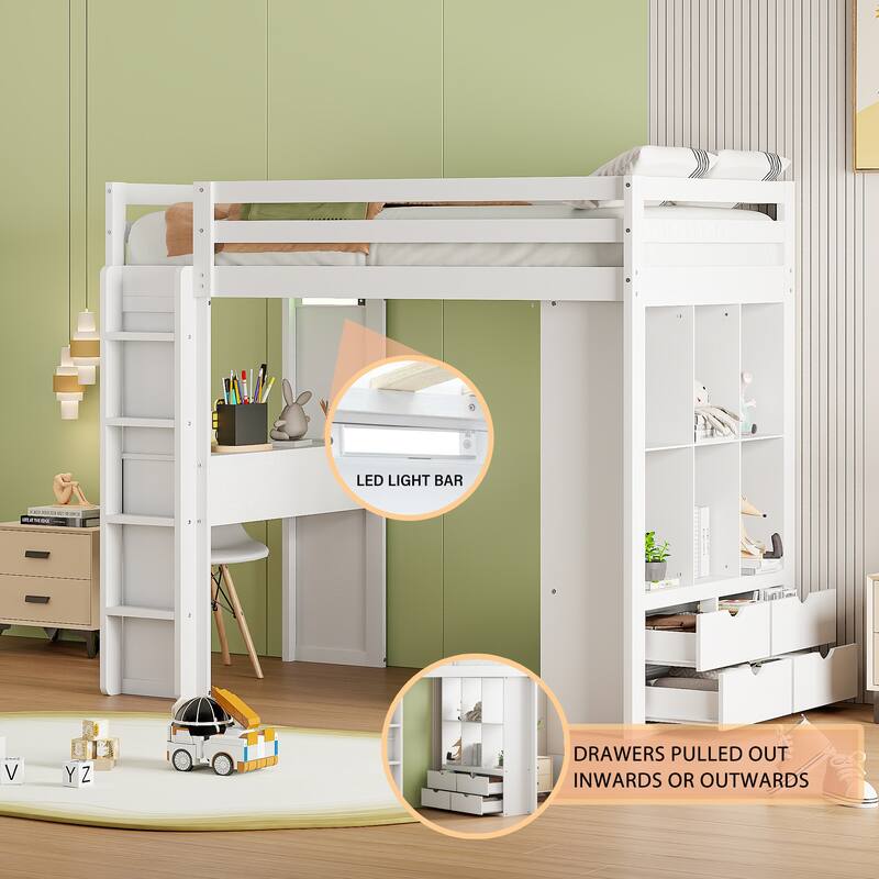 White Twin Loft Bed with Shelves, Desk, and LED Light - White