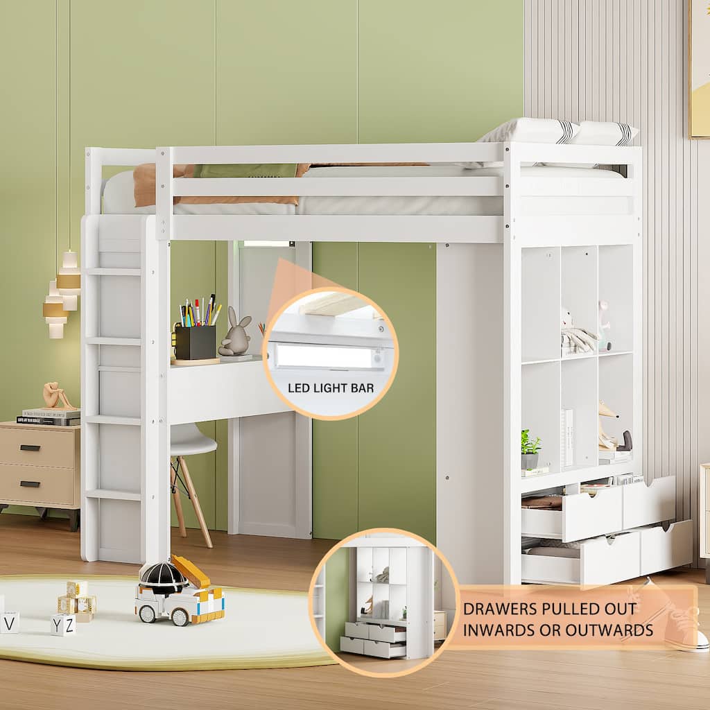 White Twin Loft Bed with Shelves, Desk, and LED Light