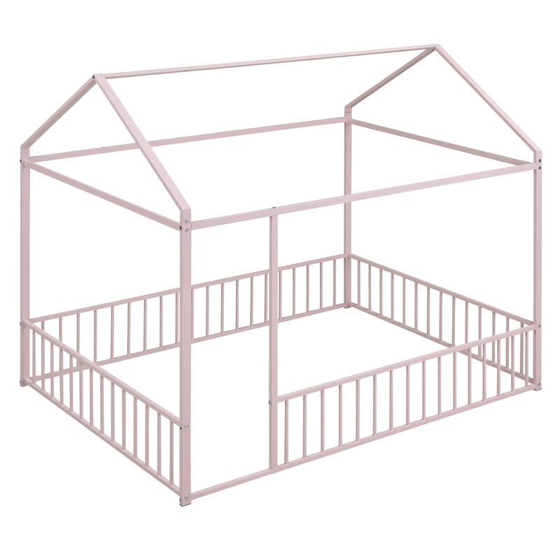 Metal House Bed Frame with Fence and Roof for Kids and Teens