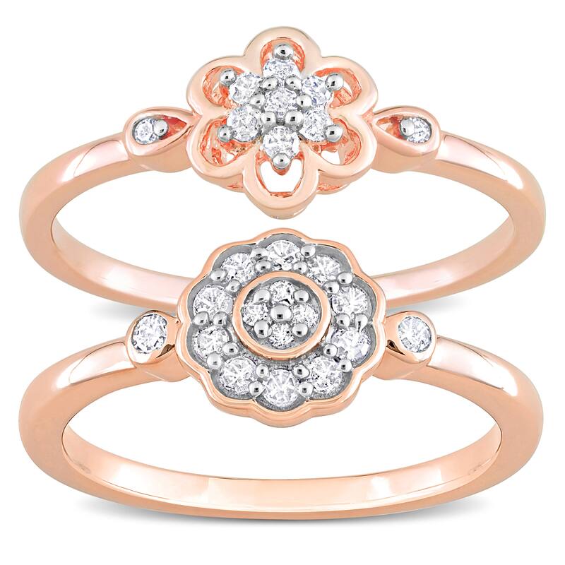Miadora 1/3ct TW Diamond Flower Rings 2-Piece Set Rose Silver
