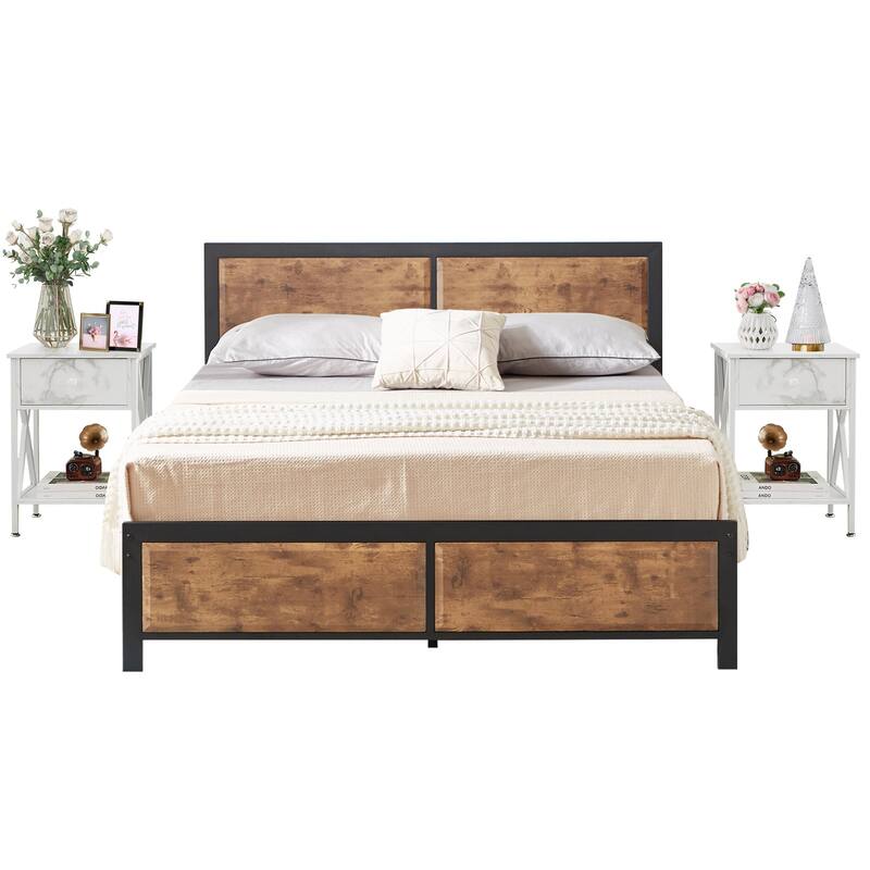 VECELO 3-Pieces Bedroom Sets, Platform Bed with Headboard and Set of 2 Nightstands - White - Queen