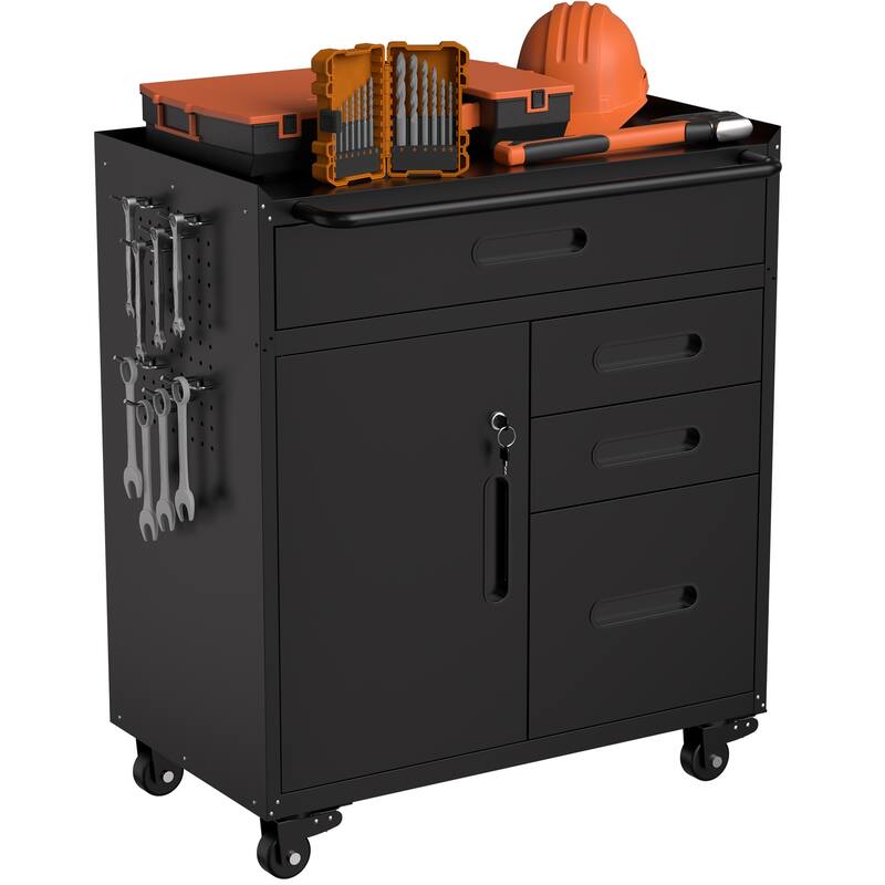 34.3" Mobile Tool Storage Cabinet - Garage Organizer with Lockable Compartment & 4 Drawers, Rolling Steel Chest