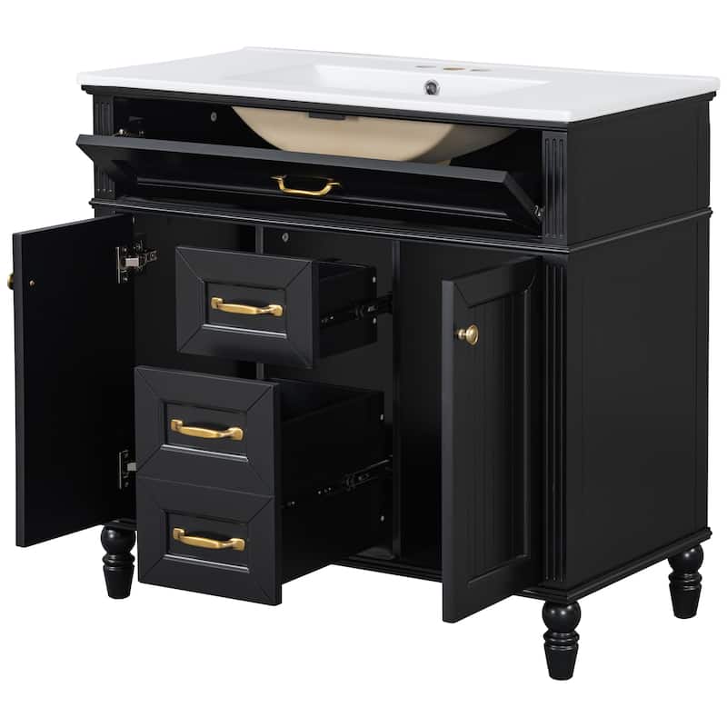 GDF Studio - Sunny Modern Solid Wood + MDF 36-Inch Bathroom Vanity with Ceramic Sink and Flip-Out Drawer