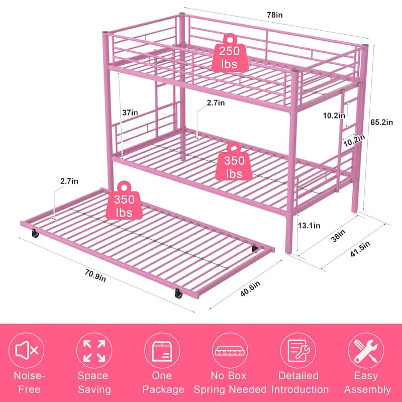 Twin Over Twin Bunk Bed with Trundle, Detachable Twin Bunk Beds w/ 2 Side Ladders & Full-Length Guardrails