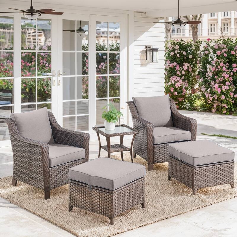Patio Chairs and Ottomans with Coffee Table - Grey - Brown