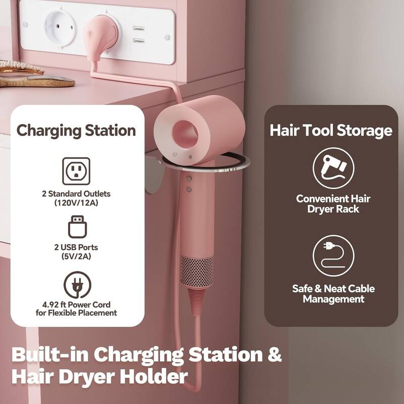 2 Drawer Makeup Vanity Desk Set with Power Outlet, USB Ports, Stool