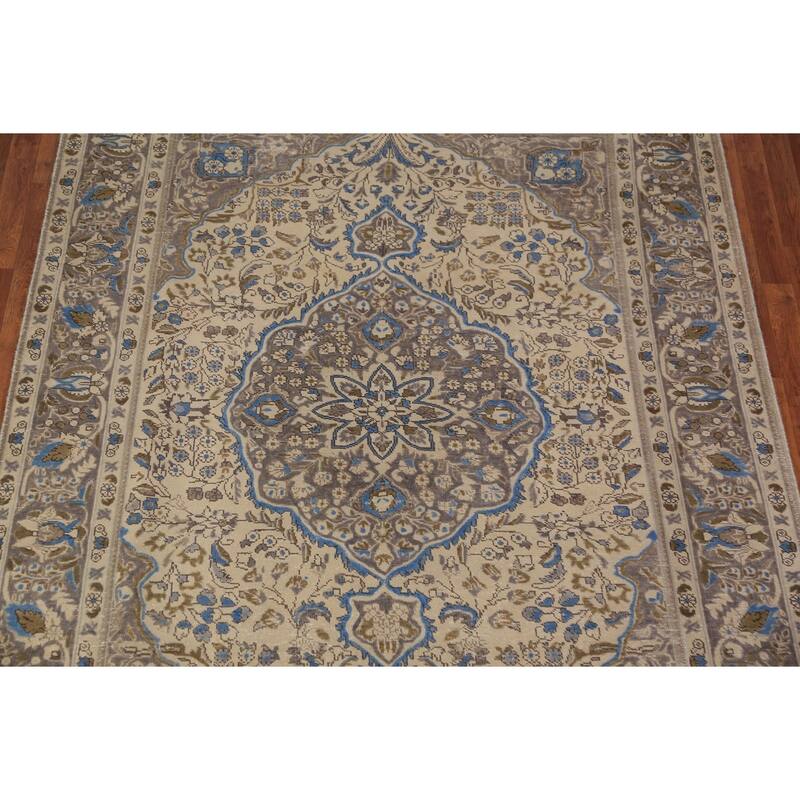Floral Tabriz Persian Area Rug Beige Hand-Knotted Wool Carpet - 6'8"x 9'6"
