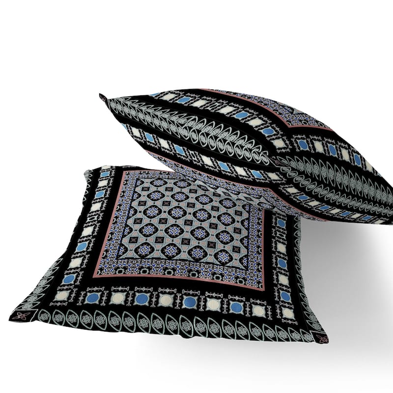 HomeRoots Set of Two 16" X 16" Black and Blue Blown Seam Floral Indoor Outdoor Throw Pillow - 16.00' X '16.00' X '5.00