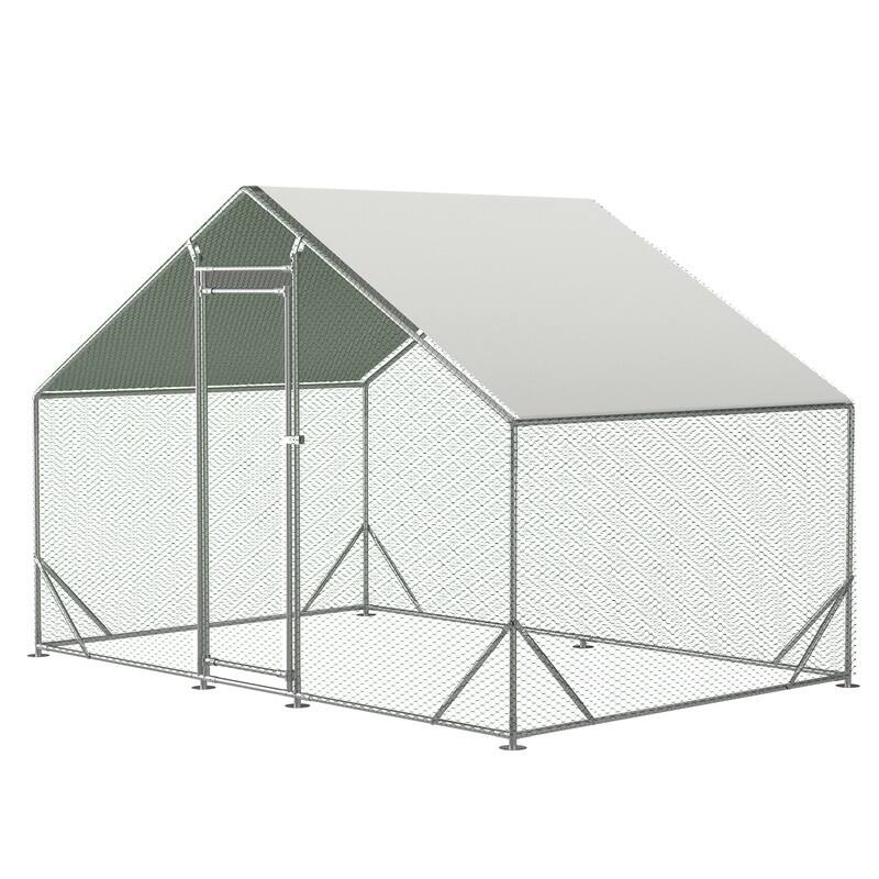 Large Metal Chicken Coop, Walk-in Chicken Run with Waterproof Cover - Silver
