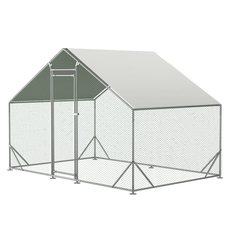 Large Metal Chicken Coop, Walk-in Chicken Run with Waterproof Cover - Silver