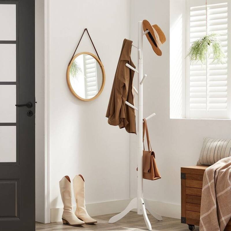 Solid Wood Modern Coat Rack, 8 Hooks, 53 lb Capacity, Adjustable 3-Section Design with Triangular Base - White