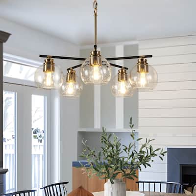 Modern 5-Light Black Gold Chandelier Seeded Glass Pendant Lights
