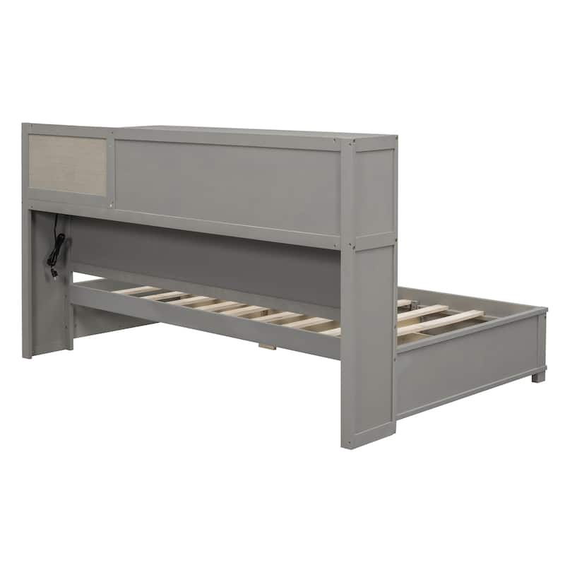 Twin Size Wooden Daybed with 3 Storage Drawers, Upper Soft Board, Pushable Top Shelf and a Set of Sockets and USB Ports