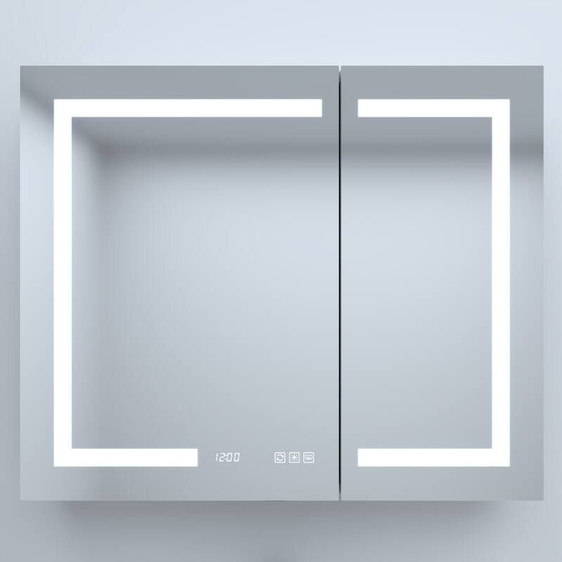 Rectangular Aluminum Recessed/Surface Mount Medicine Cabinet in Silver with Mirror LED and Clock