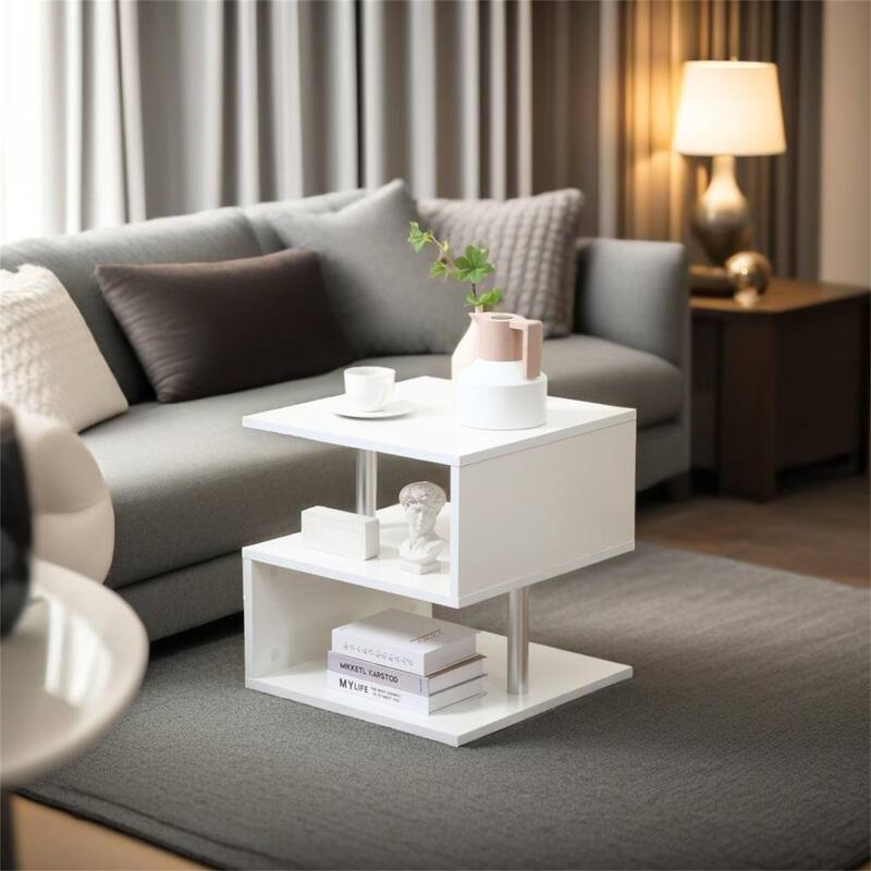 S-Shaped Coffee Table with Storage Shelf and Steel Poles - White