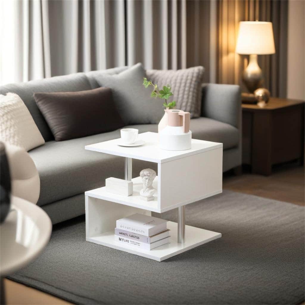 S-Shaped Coffee Table with Storage Shelf and Steel Poles