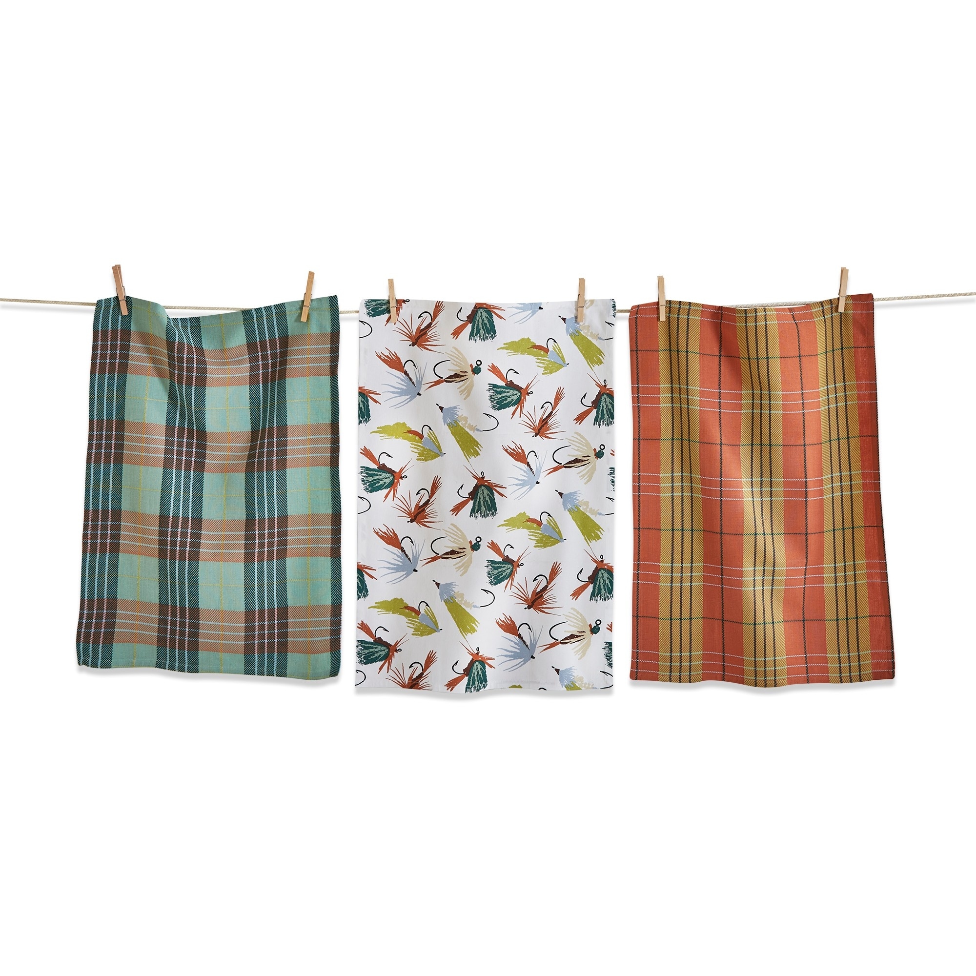 Set of 3 Fishing Flies Print with Green Plaids Cotton Kitchen Dishtowels  26L x 18W in. - Bed Bath & Beyond - 40216041