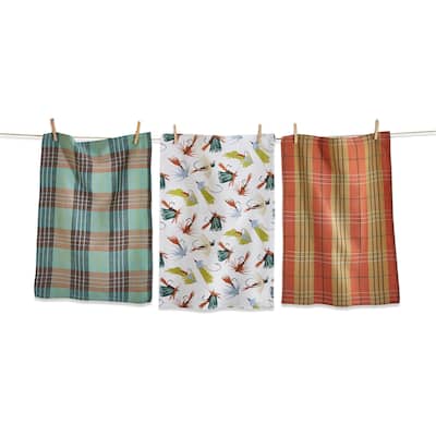Set of 3 Fishing Flies Print with Green Plaids Cotton Kitchen Dishtowels 26L x 18W in.