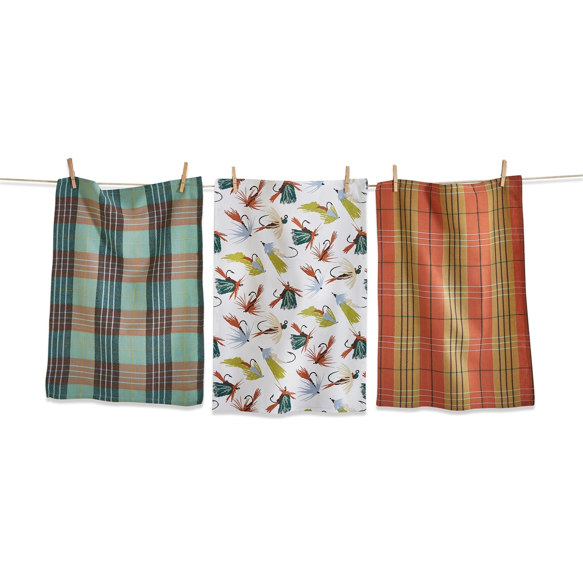 Set of 3 Fishing Flies Print with Green Plaids Cotton Kitchen Dishtowels 26L x 18W in.