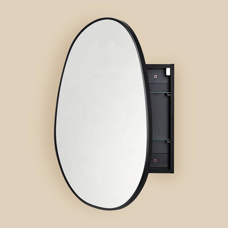 TEHOME Black Surface-Mount Bathroom Medicine Cabinet – Mirror, Irregular Glass, Adjustable Shelves, Fully Assembled - 24" x 28"