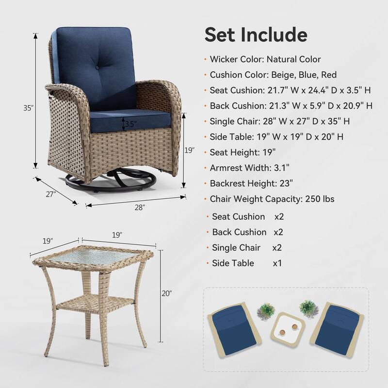 Cozywor 3-Piece Wicker Patio Swivel Outdoor Rocking Chair Conversation Set