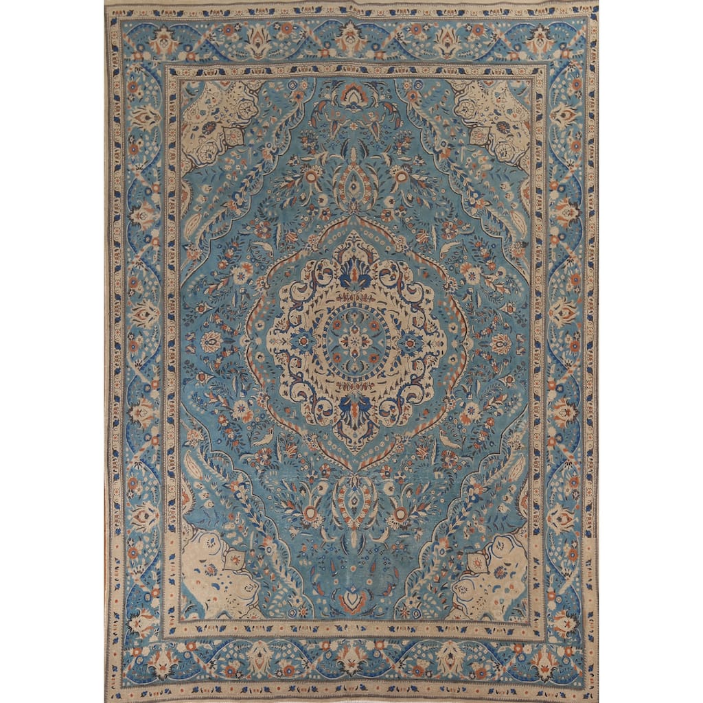 Blue Tabriz Vintage Persian Area Rug Handmade Living Room Wool Carpet - 9'8" x 12'7"