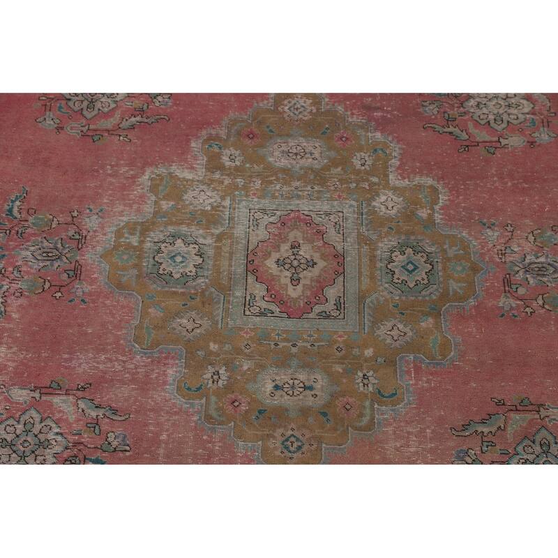 Pink Distressed Tabriz Persian Antique Rug Hand-Knotted Wool Carpet - 9'6" x 12'8"