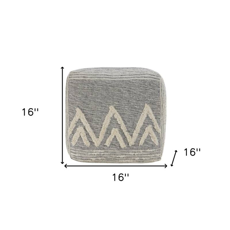 16" Modern Grey Pouf Ottoman with Abstract Pattern and Upholstered Floor Seat Footrest and Decor