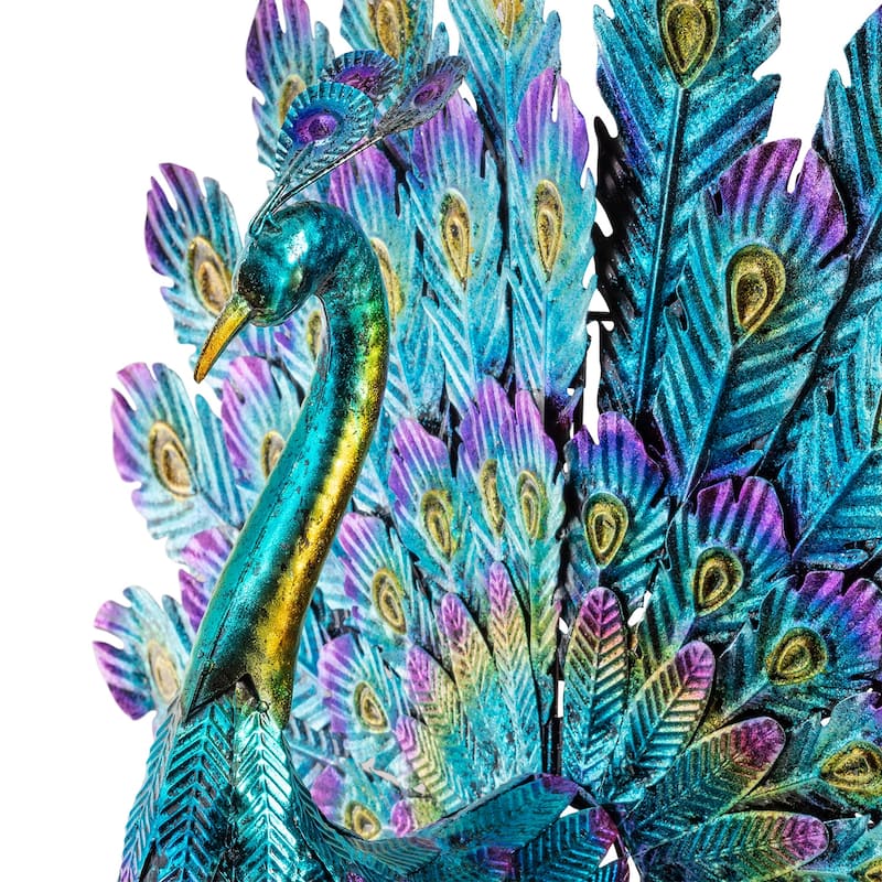 Alpine Corporation Tall Outdoor Metallic Peacock Standing Yard Statue Decoration, Multicolor