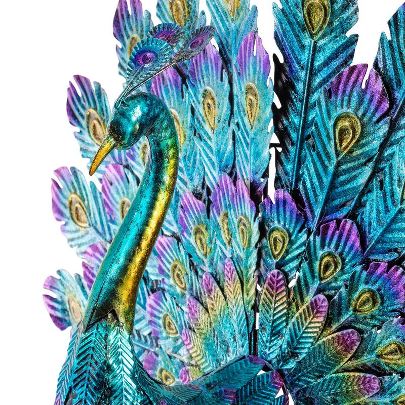 Alpine Corporation 23" Tall Outdoor Metallic Peacock Tail Spread Yard Statue Decoration, Multicolor